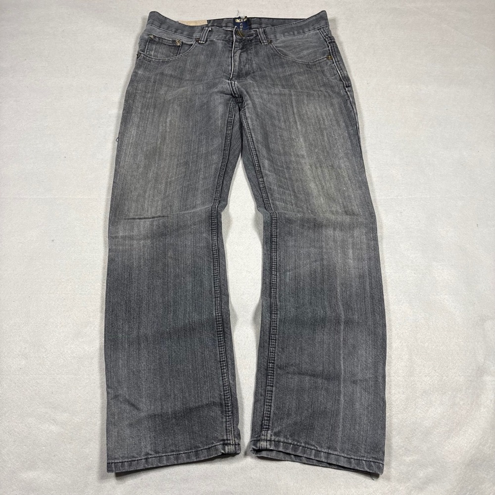 FUSAI Mens Straight Leg Faded Gray Embroidered Denim Jeans 32x30 Grunge